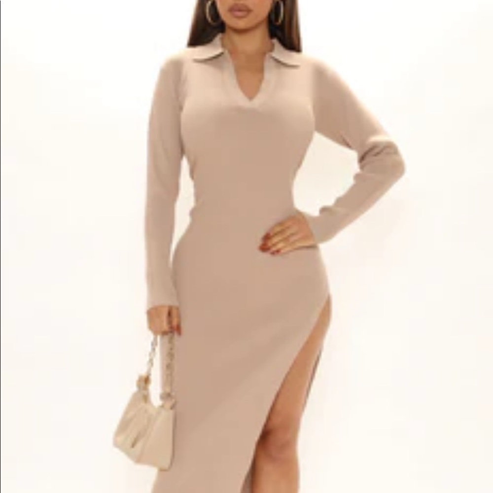 Collard Beige Midi Split Dress Fashion Nova